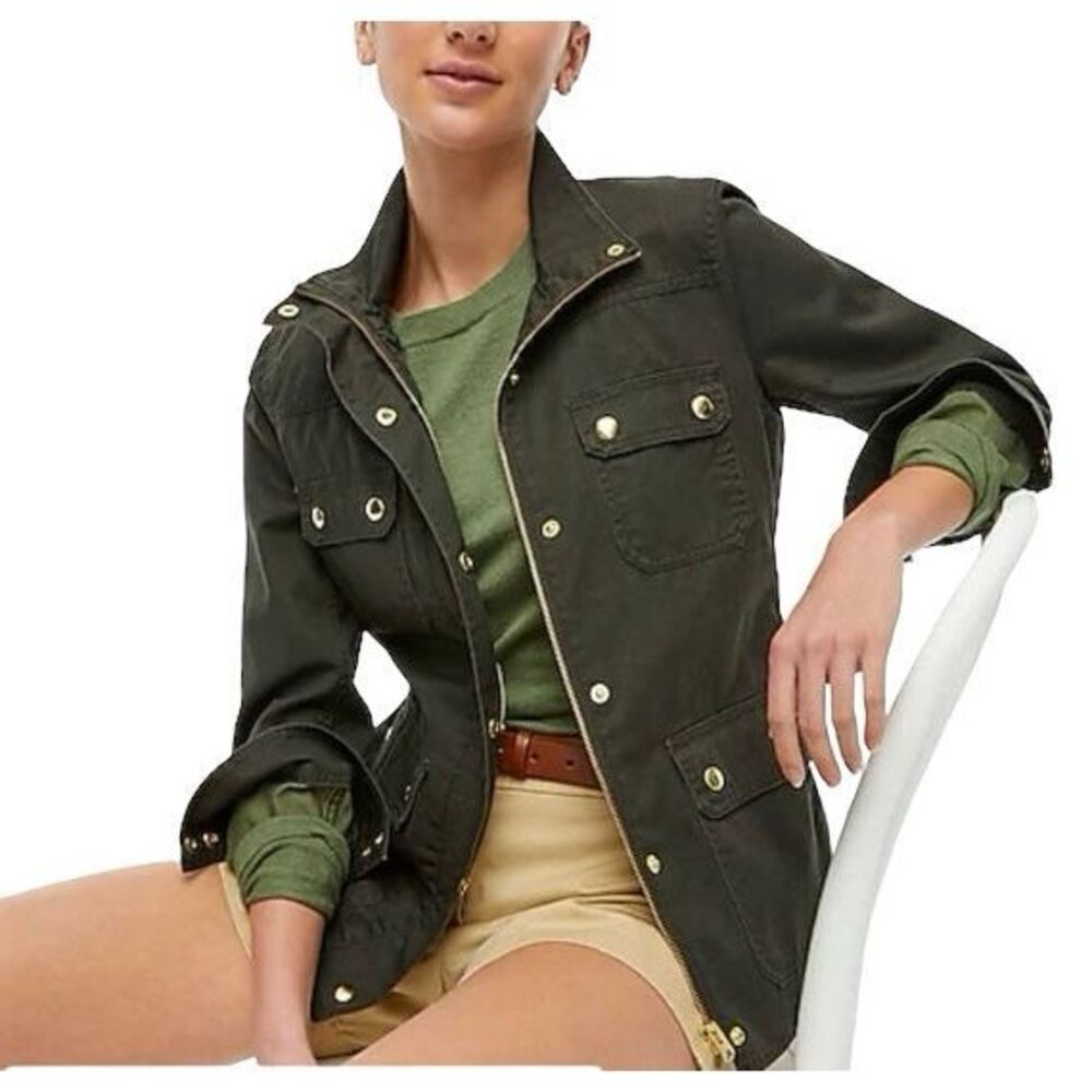 J Crew Size XXS Jacket Resin Coated Twill Dark Green Gold Snap‎ Zip Pockets 403